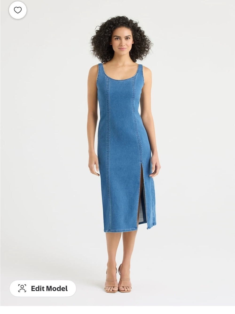 Sleeveless Scoop Neck Blue Denim Midi Dress with Side Slit